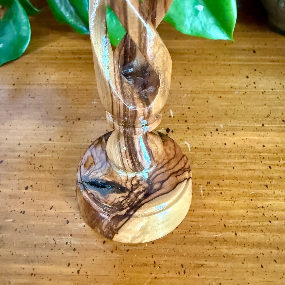 Vintage Hand Carved Olive Wood Candlestick Holder Twisted Openwork Taper Holder - Picture 3 of 8